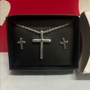 Avon Silver Cross Necklace and Matching Stud Earrings Set